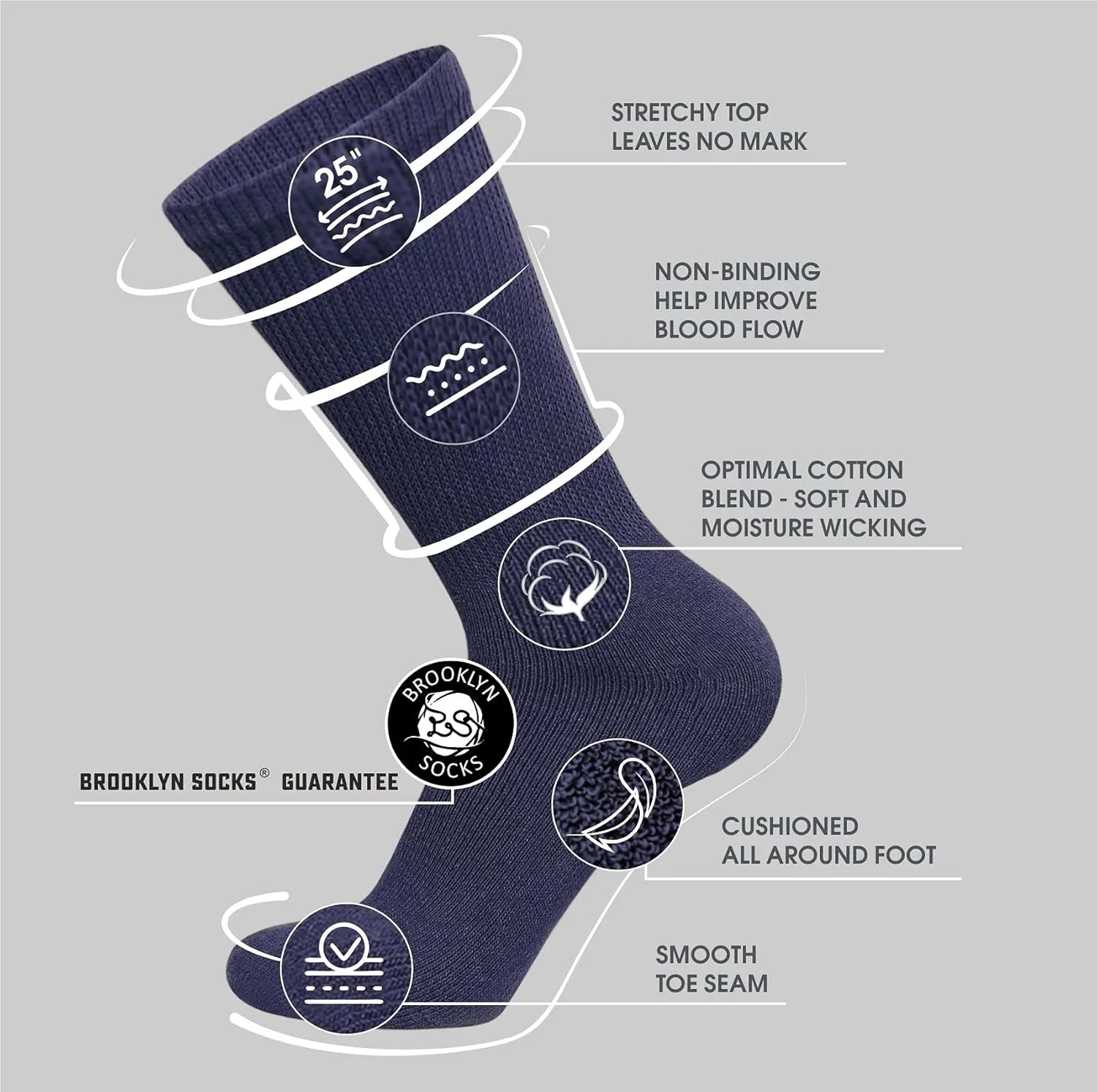 6 Pairs of Cotton Diabetic Non-Binding Neuropathy Crew Socks (Navy, Fits Mens shoe size 9-12/Womens shoe size 10-13)