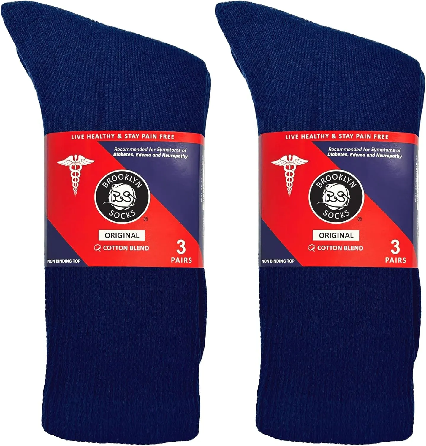 6 Pairs of Cotton Diabetic Non-Binding Neuropathy Crew Socks (Navy, Fits Mens shoe size 9-12/Womens shoe size 10-13)
