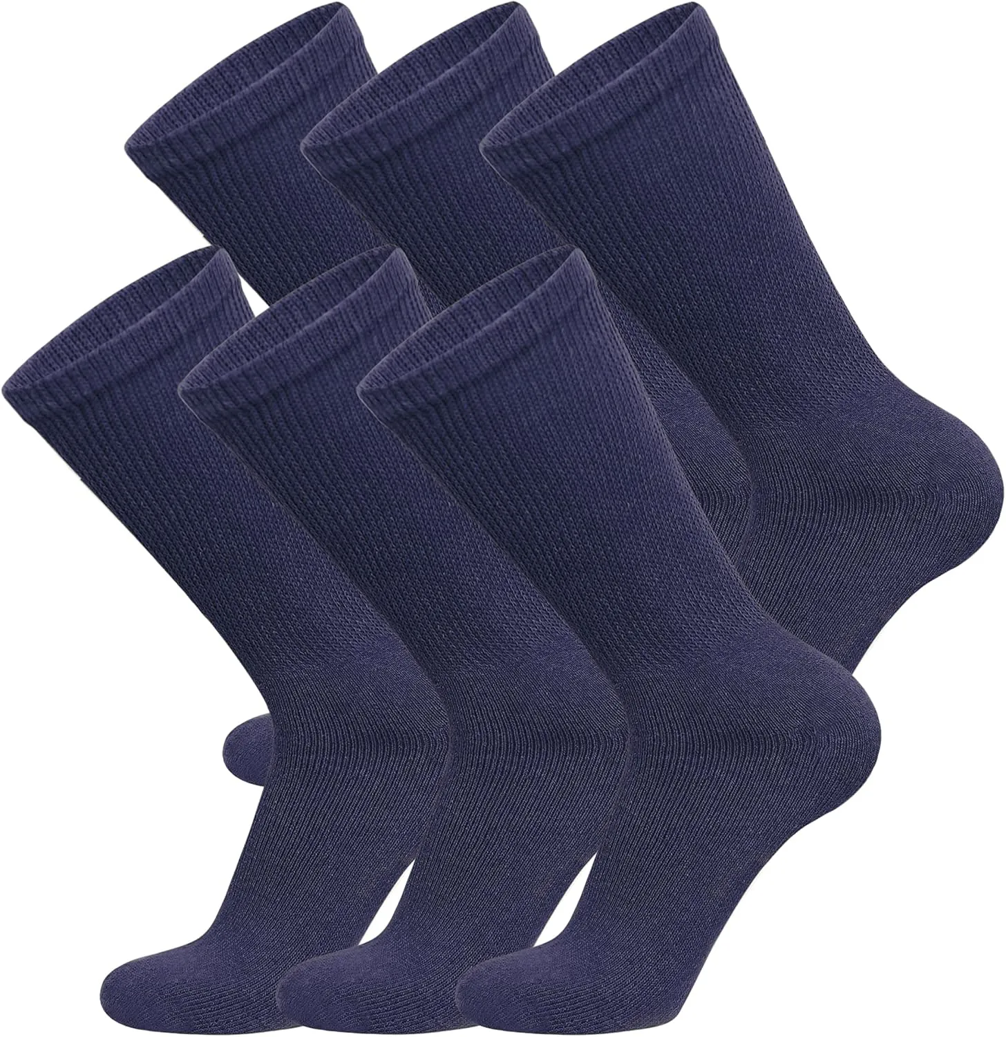 6 Pairs of Cotton Diabetic Non-Binding Neuropathy Crew Socks (Navy, Fits Mens shoe size 9-12/Womens shoe size 10-13)