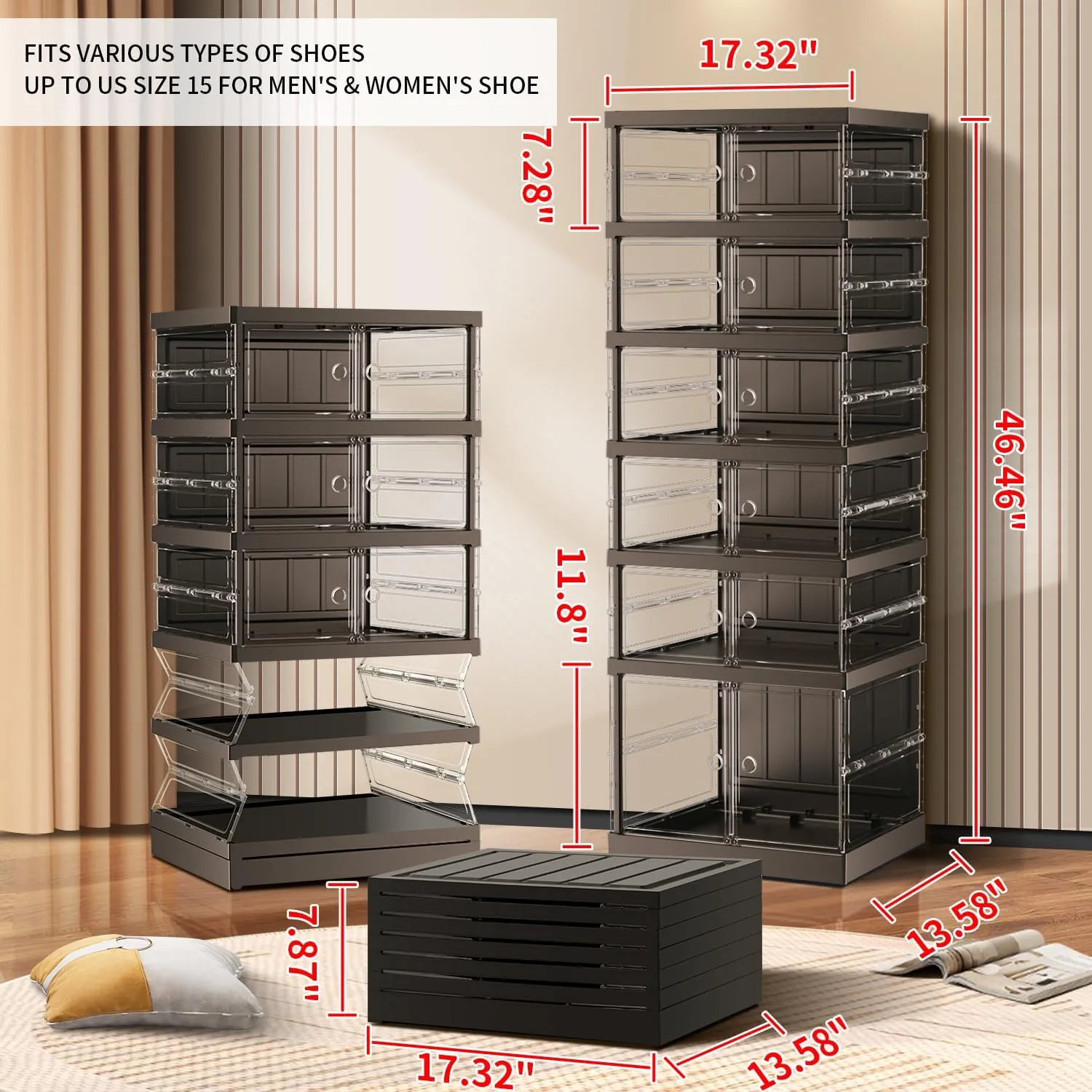 6 Tier Foldable Shoe Rack for Closet Entryway 6-12 Pairs Stackable Clear Shoe Storage Boxes with Lids Shoes Shelf with Door Plastic Organizer Cabinet Easy Assembly Black