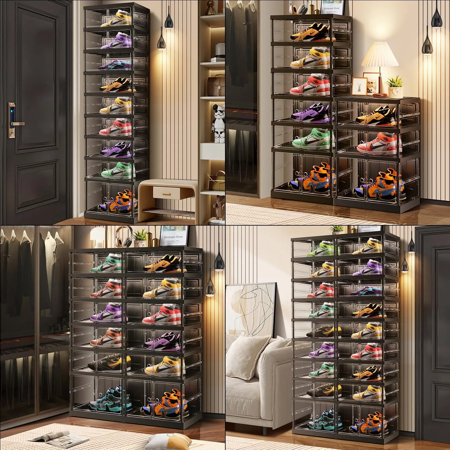 6 Tier Foldable Shoe Rack for Closet Entryway 6-12 Pairs Stackable Clear Shoe Storage Boxes with Lids Shoes Shelf with Door Plastic Organizer Cabinet Easy Assembly Black
