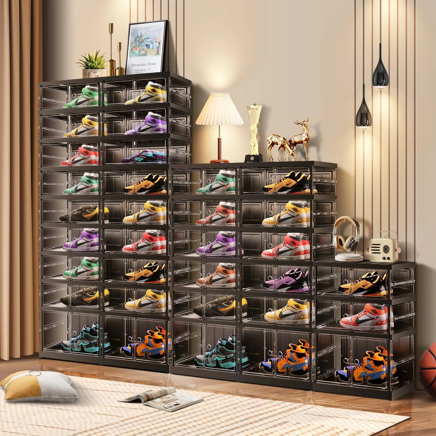 6 Tier Foldable Shoe Rack for Closet Entryway 6-12 Pairs Stackable Clear Shoe Storage Boxes with Lids Shoes Shelf with Door Plastic Organizer Cabinet Easy Assembly Black