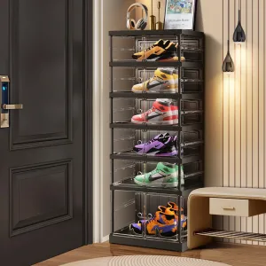 6 Tier Foldable Shoe Rack for Closet Entryway 6-12 Pairs Stackable Clear Shoe Storage Boxes with Lids Shoes Shelf with Door Plastic Organizer Cabinet Easy Assembly Black