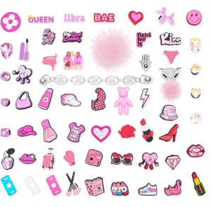 60pcs Pack Croc Charm, Pink Purple Preppy Thing for Teens Girls,Girly with Pom Pom Balls, Charms for Bubble Slides,Shoe Clips,Silve Crock Charms