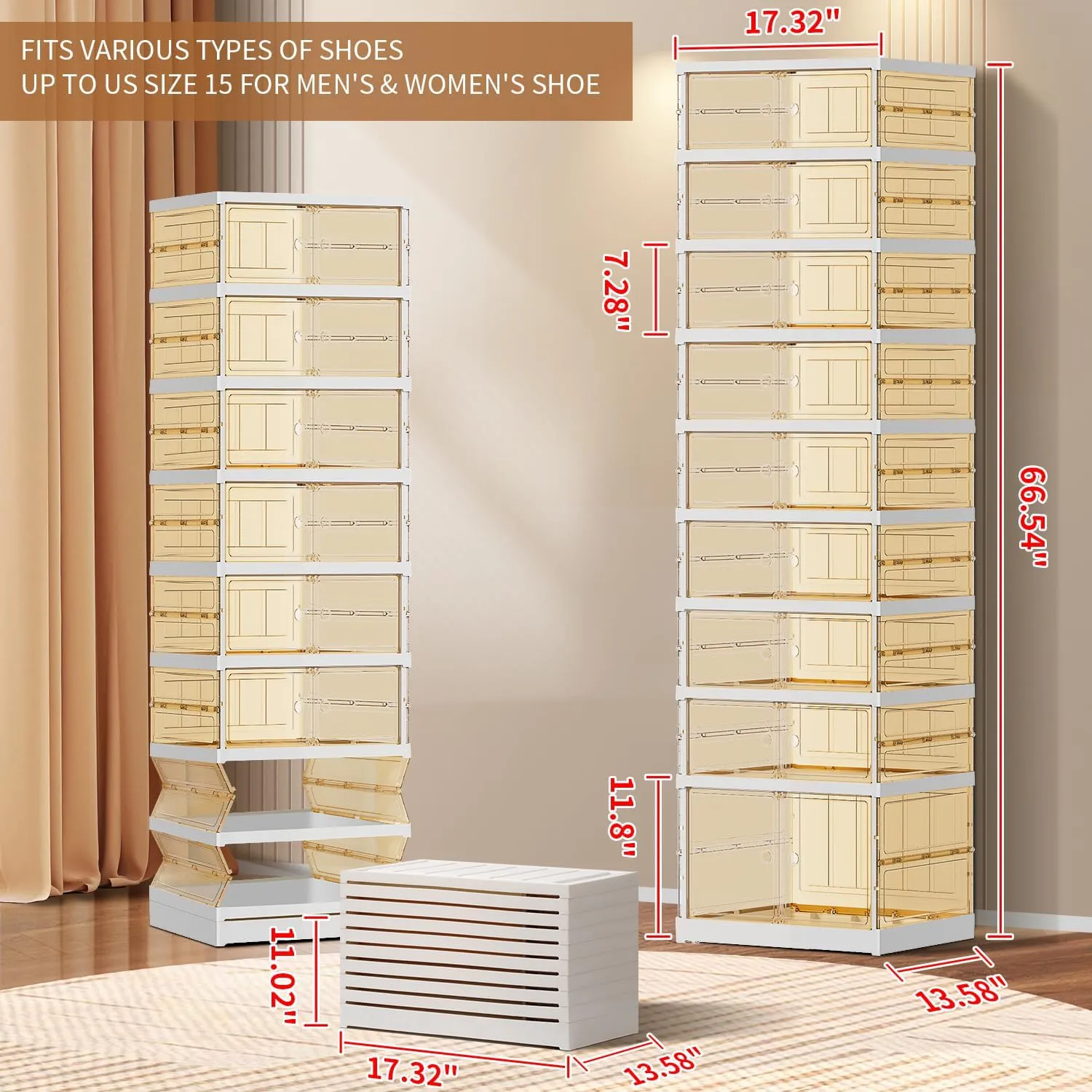 9-Tier Foldable Shoe Rack for Closet Entryway 9-18Pairs,Stackable Clear Shoe Storage Boxes Organizer with Door Plastic Small Shoe Cabinet Bins with Lids Narrow Shoe Shelf Easy Assembly