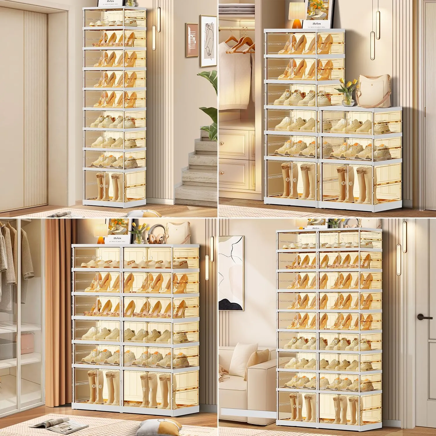 9-Tier Foldable Shoe Rack for Closet Entryway 9-18Pairs,Stackable Clear Shoe Storage Boxes Organizer with Door Plastic Small Shoe Cabinet Bins with Lids Narrow Shoe Shelf Easy Assembly
