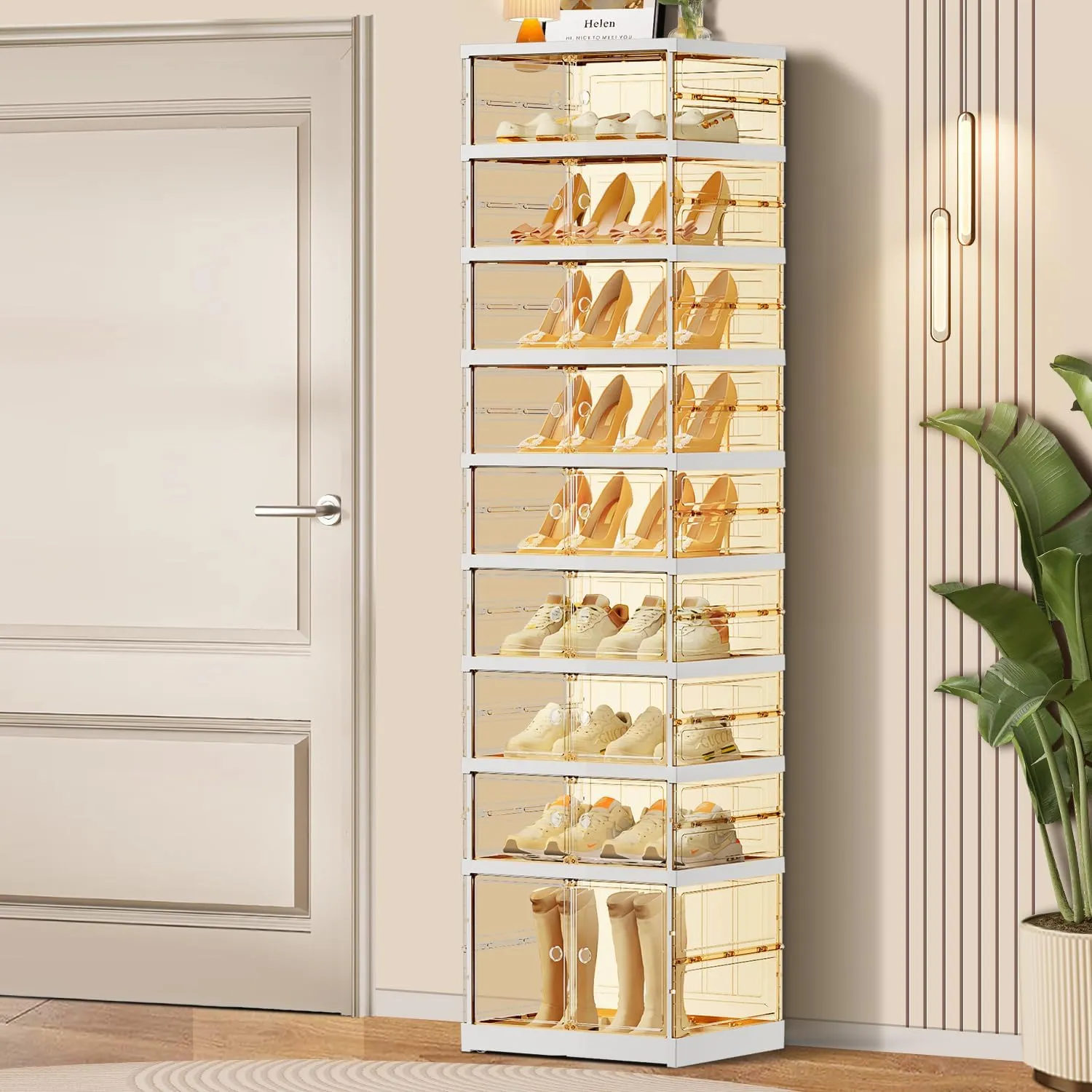 9-Tier Foldable Shoe Rack for Closet Entryway 9-18Pairs,Stackable Clear Shoe Storage Boxes Organizer with Door Plastic Small Shoe Cabinet Bins with Lids Narrow Shoe Shelf Easy Assembly
