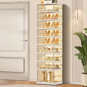 9-Tier Foldable Shoe Rack for Closet Entryway 9-18Pairs,Stackable Clear Shoe Storage Boxes Organizer with Door Plastic Small Shoe Cabinet Bins with Lids Narrow Shoe Shelf Easy Assembly