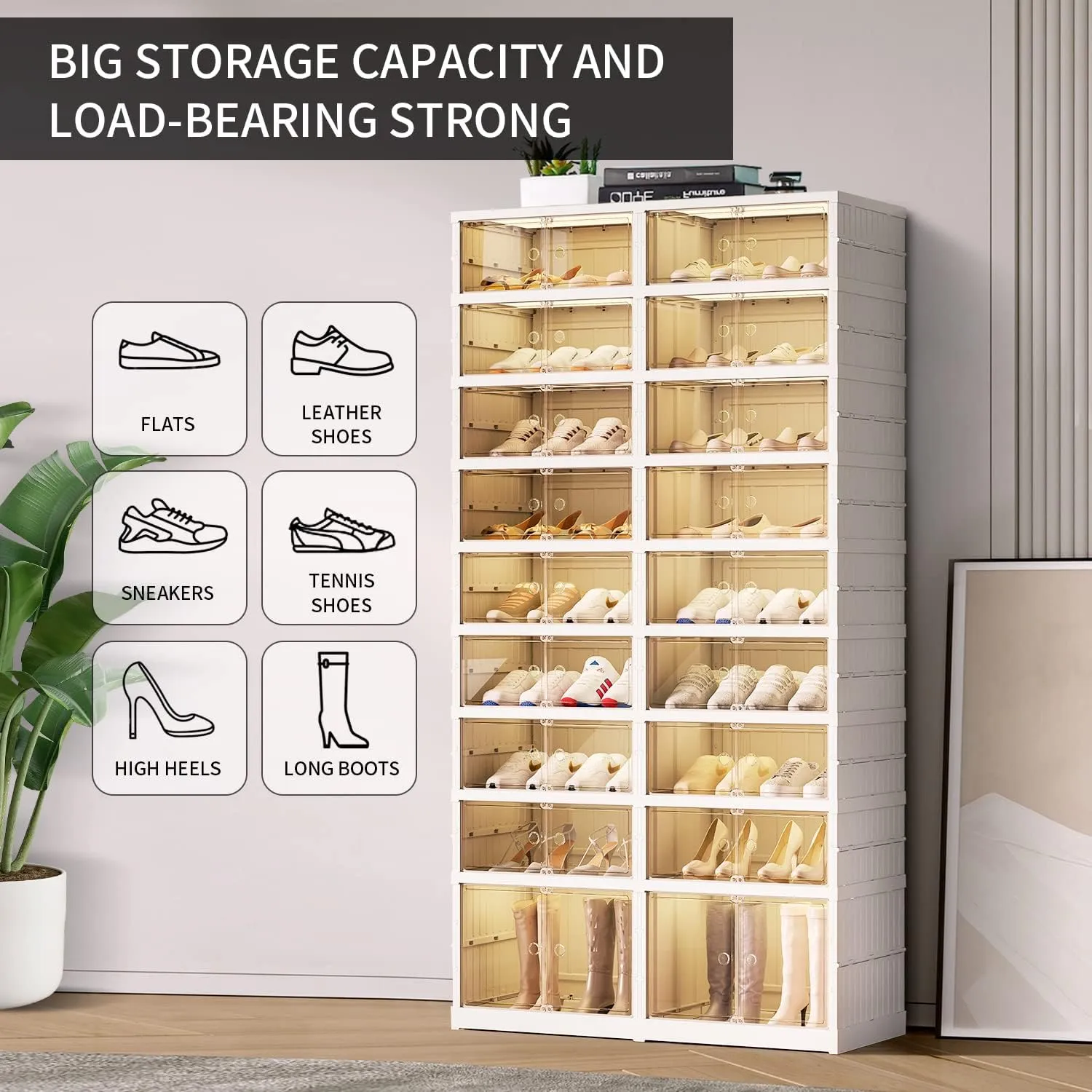 9-Tier Foldable Shoe Rack Organizer for Closet,36Pairs Collapsible Plastic Shoe Shelf,Large Shoes Cabinet with Door,Clear Stackable Storage Box Easy Assembly