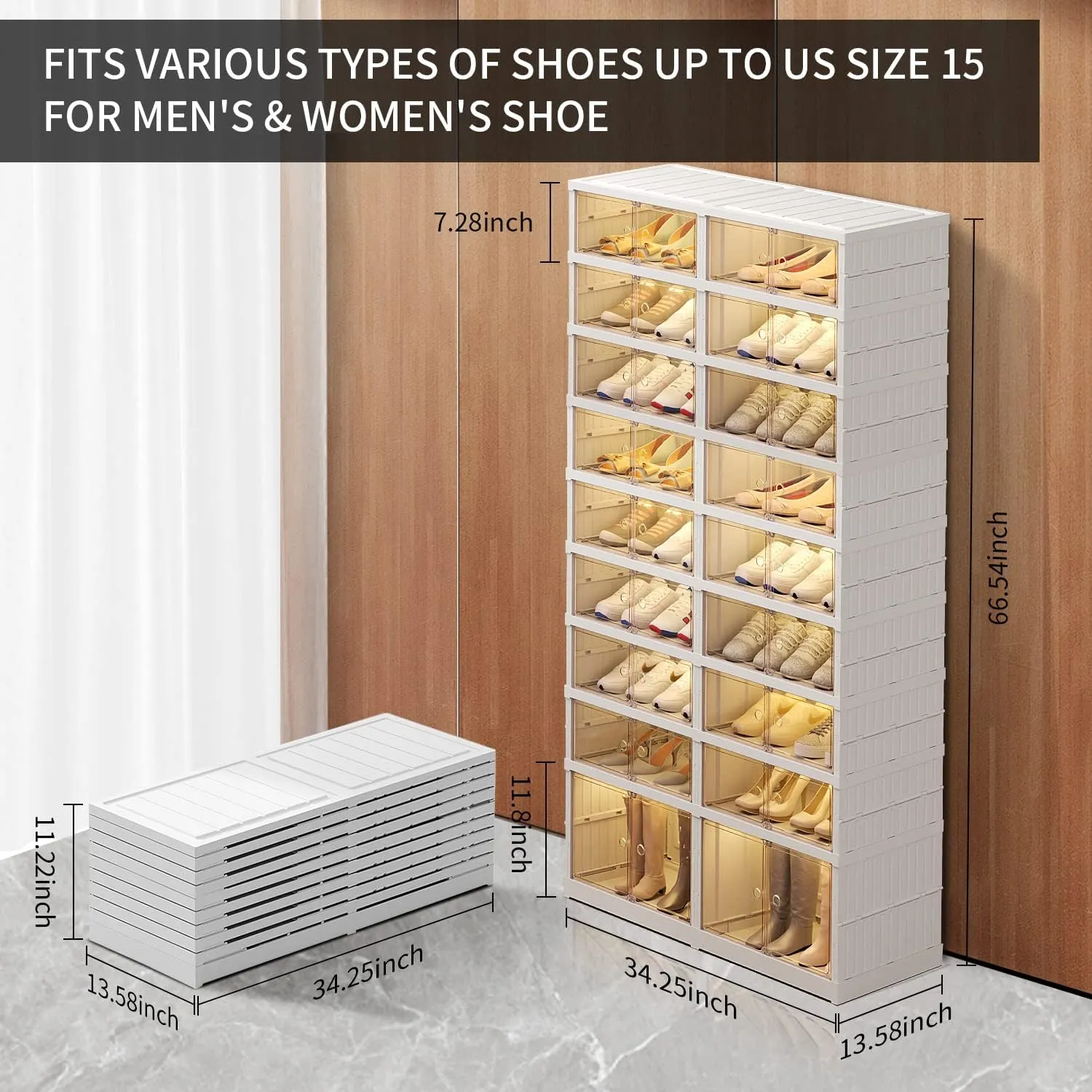 9-Tier Foldable Shoe Rack Organizer for Closet,36Pairs Collapsible Plastic Shoe Shelf,Large Shoes Cabinet with Door,Clear Stackable Storage Box Easy Assembly