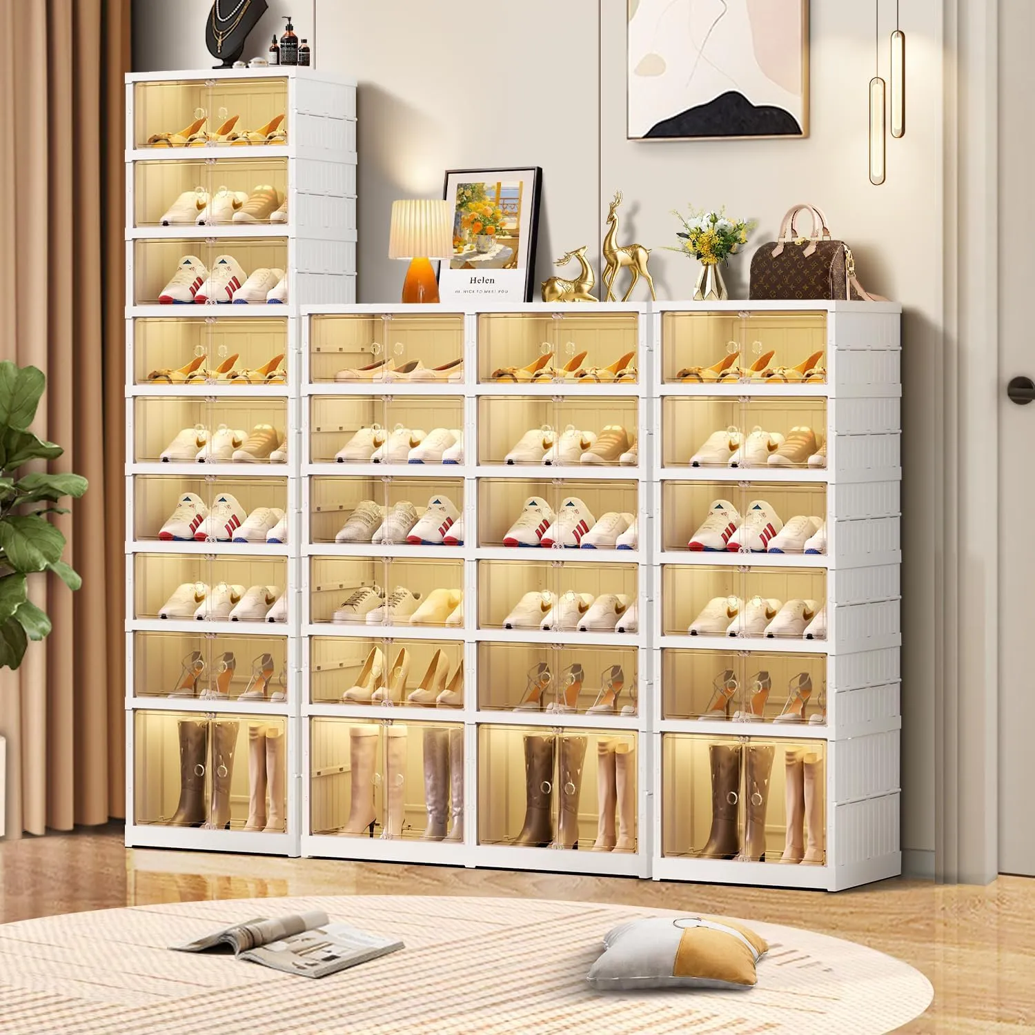 9-Tier Foldable Shoe Rack Organizer for Closet,36Pairs Collapsible Plastic Shoe Shelf,Large Shoes Cabinet with Door,Clear Stackable Storage Box Easy Assembly