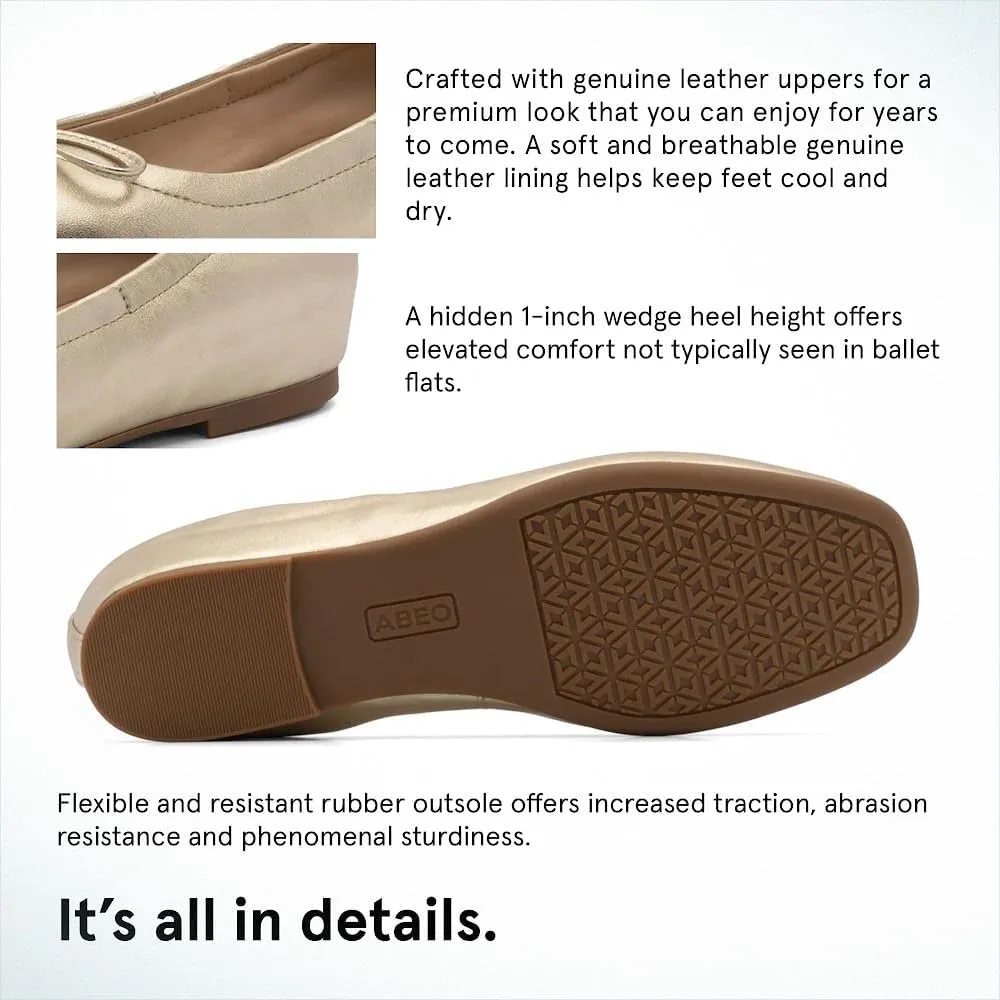 ABEO Cadence Bow Ballet Flats for Women | Built-in Orthotic Insole | Arch Support Flats Shoes | Dressy Work Low Wedge | Premium Leather Upper & Lining