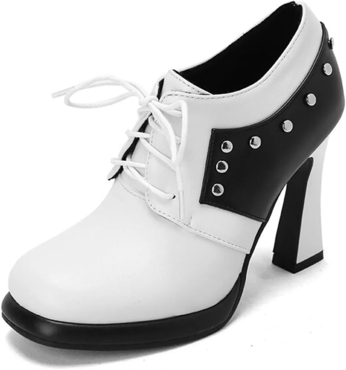 Aflngle Women's Lace-Up Chunky High Heel Mary Jane Shoes Round Closed Toe Low Platform Patchwork Wedding Party Prom Dress Pumps