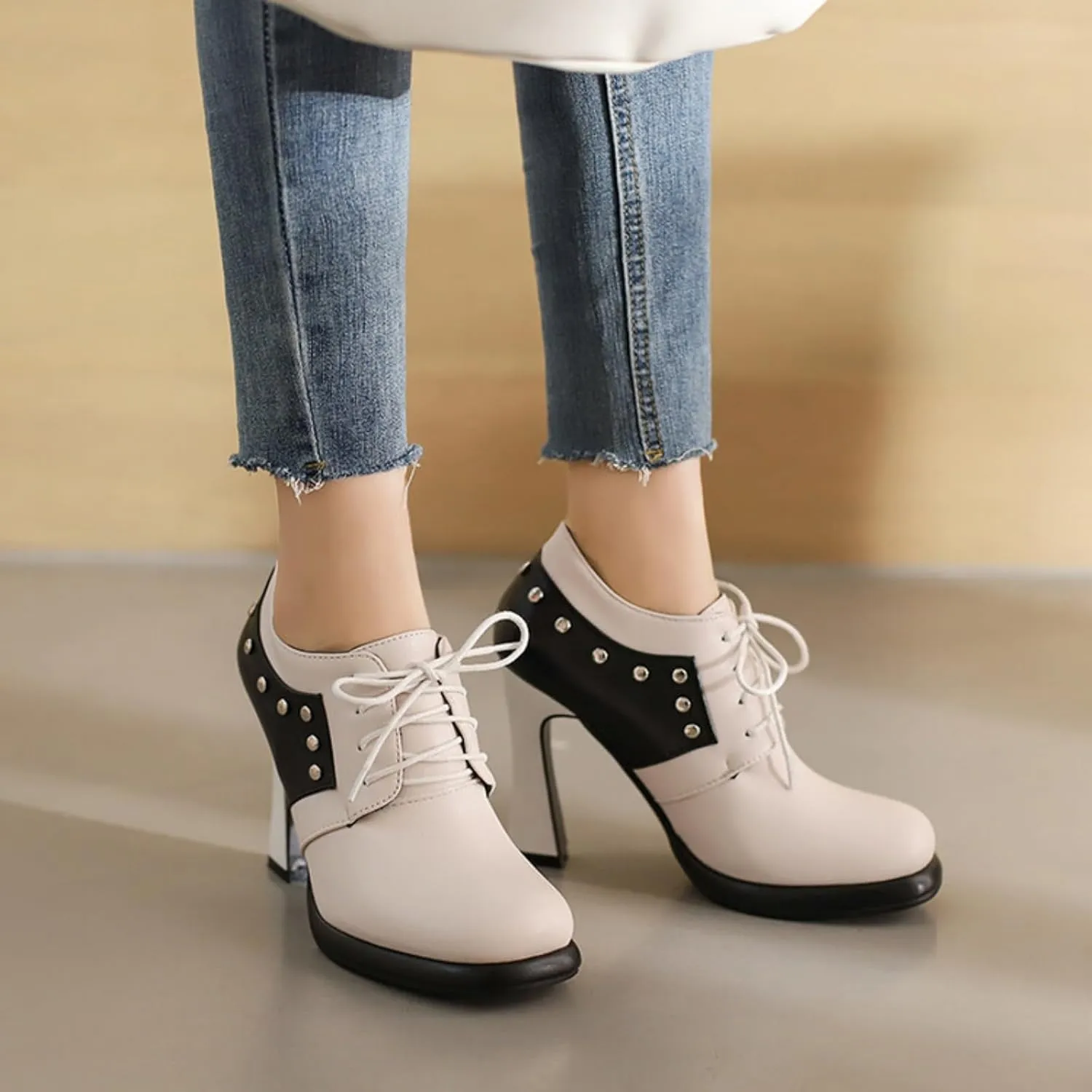 Aflngle Women's Lace-Up Chunky High Heel Mary Jane Shoes Round Closed Toe Low Platform Patchwork Wedding Party Prom Dress Pumps