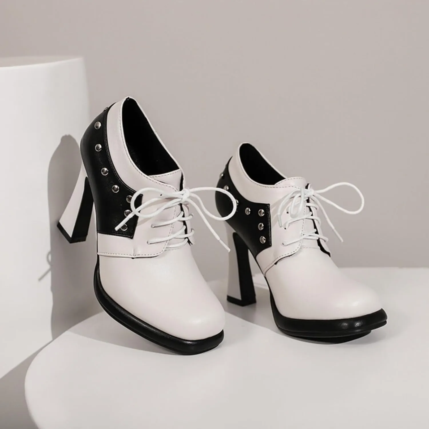 Aflngle Women's Lace-Up Chunky High Heel Mary Jane Shoes Round Closed Toe Low Platform Patchwork Wedding Party Prom Dress Pumps