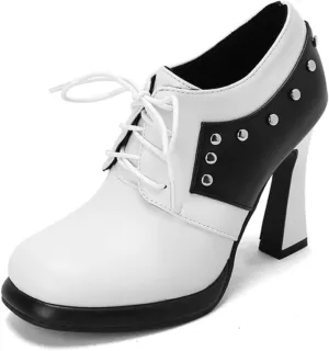 Aflngle Women's Lace-Up Chunky High Heel Mary Jane Shoes Round Closed Toe Low Platform Patchwork Wedding Party Prom Dress Pumps