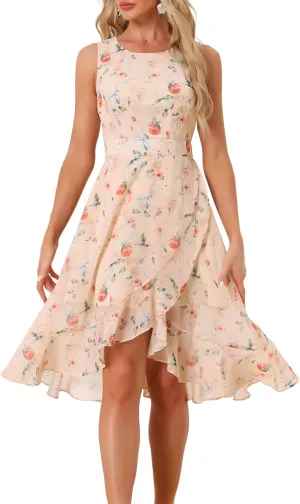 Allegra K Women's Summer Dresses 2025 Wrap Ruffle High Low Hem Round Neck Keyhole Back Sleeveless Floral Dress