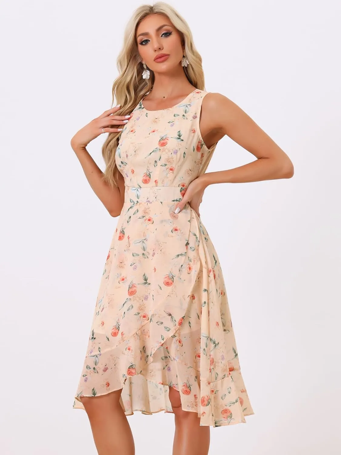 Allegra K Women's Summer Dresses 2025 Wrap Ruffle High Low Hem Round Neck Keyhole Back Sleeveless Floral Dress