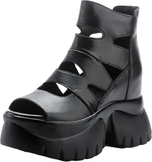 AngryMonkey Women's Summer Cowhide Platform Ankle Boots,Comfort Chunky Lug Sole Peep Toe Back Zipper Hollow Height Short Booties