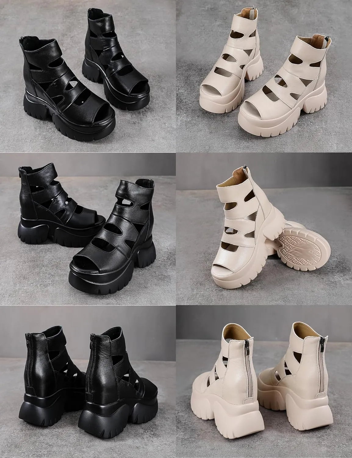 AngryMonkey Women's Summer Cowhide Platform Ankle Boots,Comfort Chunky Lug Sole Peep Toe Back Zipper Hollow Height Short Booties