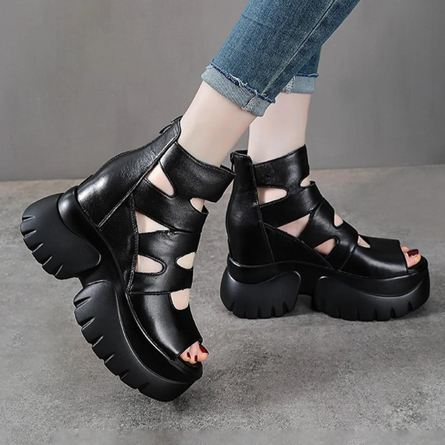 AngryMonkey Women's Summer Cowhide Platform Ankle Boots,Comfort Chunky Lug Sole Peep Toe Back Zipper Hollow Height Short Booties