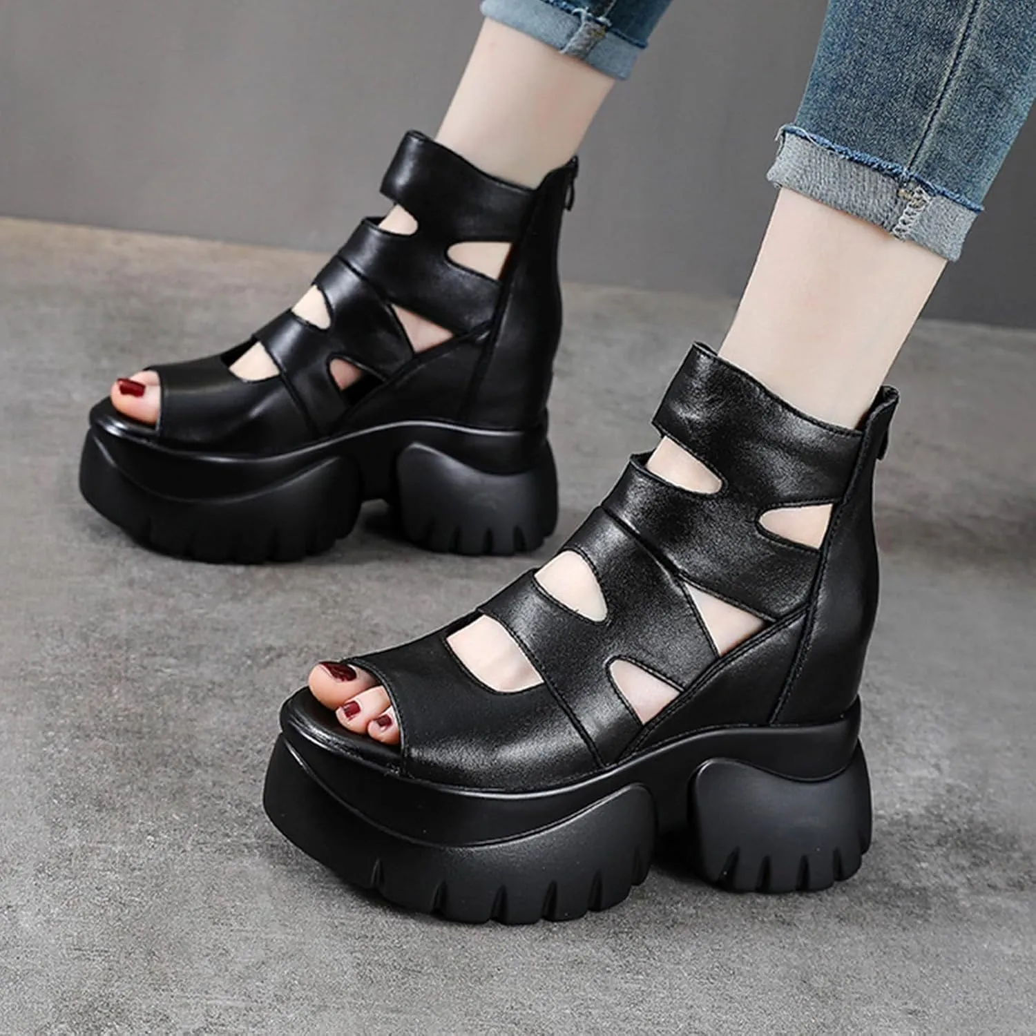 AngryMonkey Women's Summer Cowhide Platform Ankle Boots,Comfort Chunky Lug Sole Peep Toe Back Zipper Hollow Height Short Booties