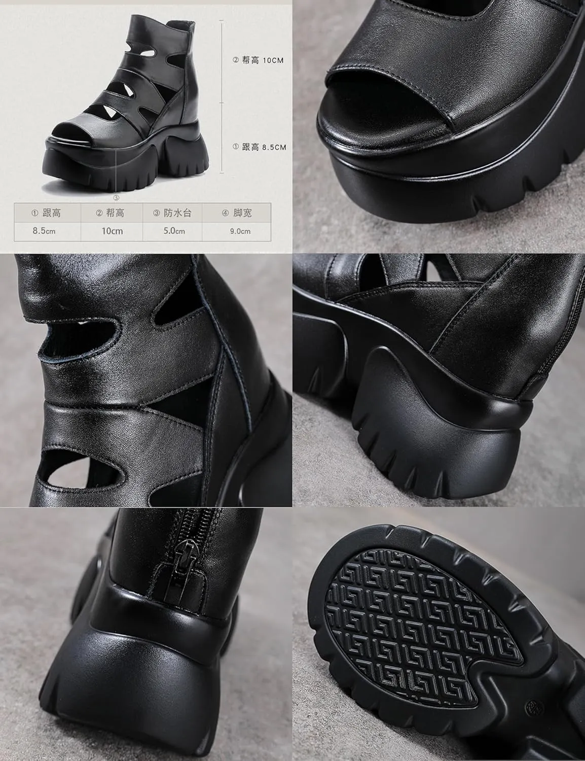 AngryMonkey Women's Summer Cowhide Platform Ankle Boots,Comfort Chunky Lug Sole Peep Toe Back Zipper Hollow Height Short Booties