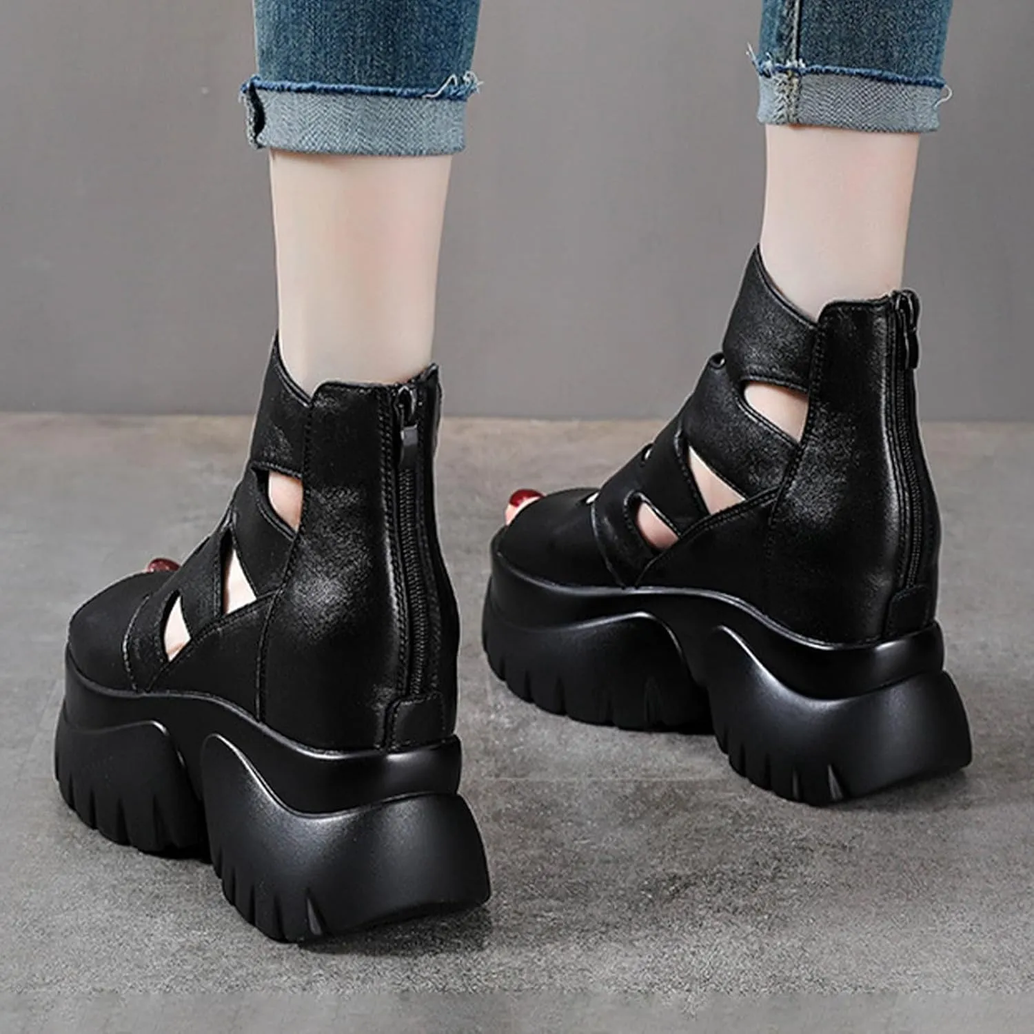 AngryMonkey Women's Summer Cowhide Platform Ankle Boots,Comfort Chunky Lug Sole Peep Toe Back Zipper Hollow Height Short Booties