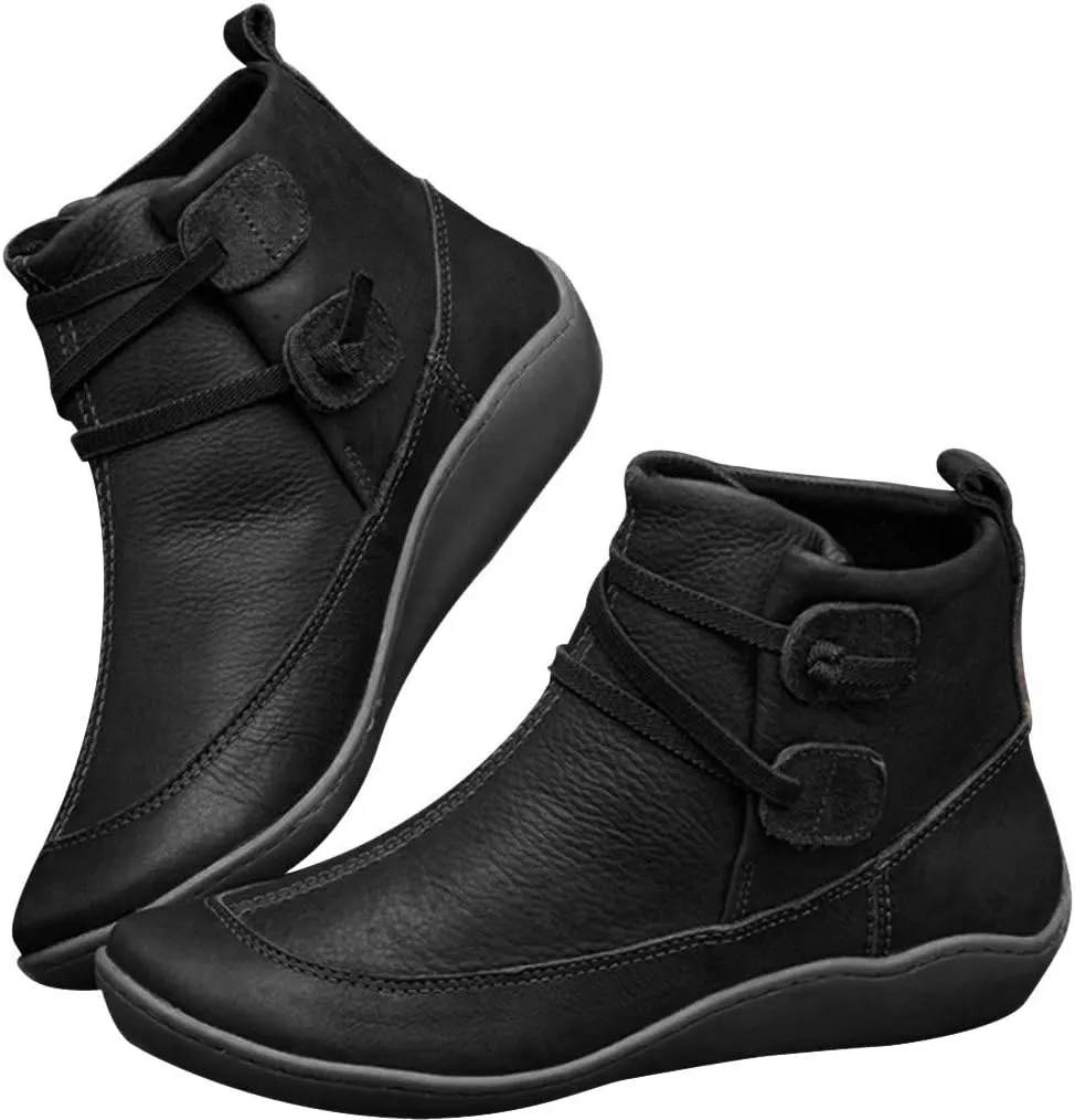 Ankle Booties for Women Fashion Arch Support Flat Heel Boots Vintage Leather Side Zip up Booties with Fall Winter