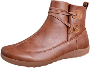 Ankle Booties for Women Fashion Arch Support Flat Heel Boots Vintage Leather Side Zip up Booties with Fall Winter