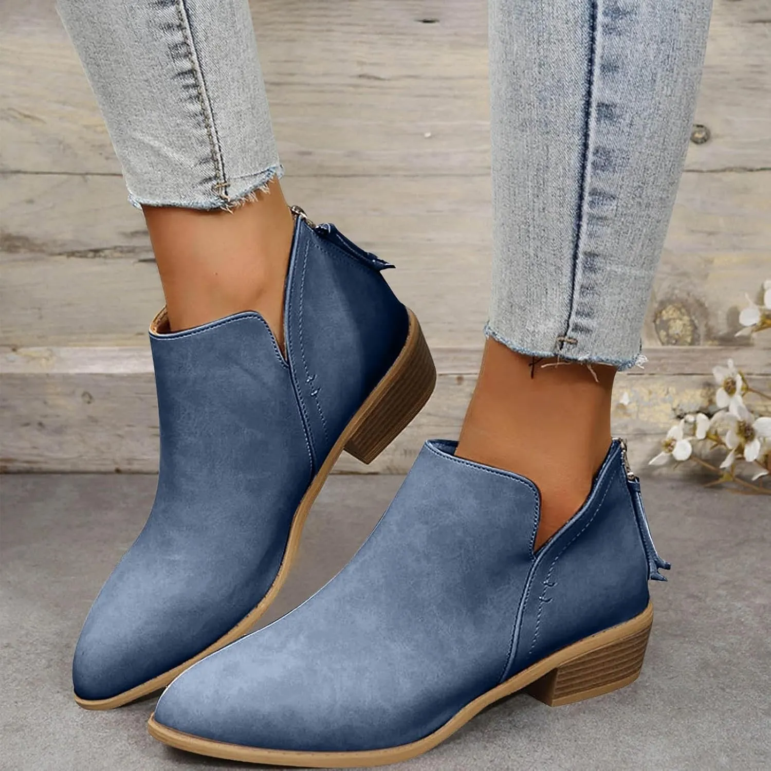 Ankle Boots for Women V Cutout Boots Pointed Toe Chunky Stacked Heel Booties Zip Up Western Boots Shoes Low Heel Short Western Boots