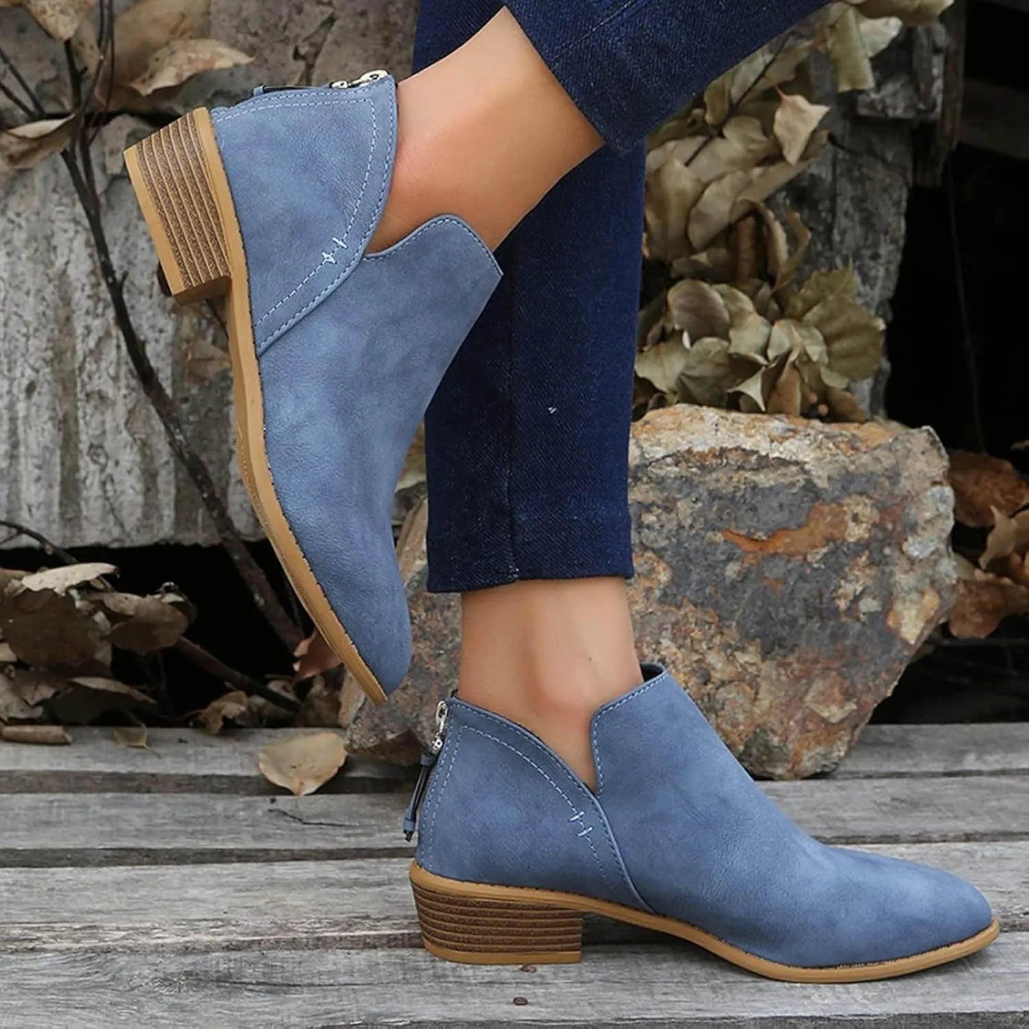 Ankle Boots for Women V Cutout Boots Pointed Toe Chunky Stacked Heel Booties Zip Up Western Boots Shoes Low Heel Short Western Boots