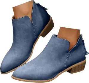Ankle Boots for Women V Cutout Boots Pointed Toe Chunky Stacked Heel Booties Zip Up Western Boots Shoes Low Heel Short Western Boots