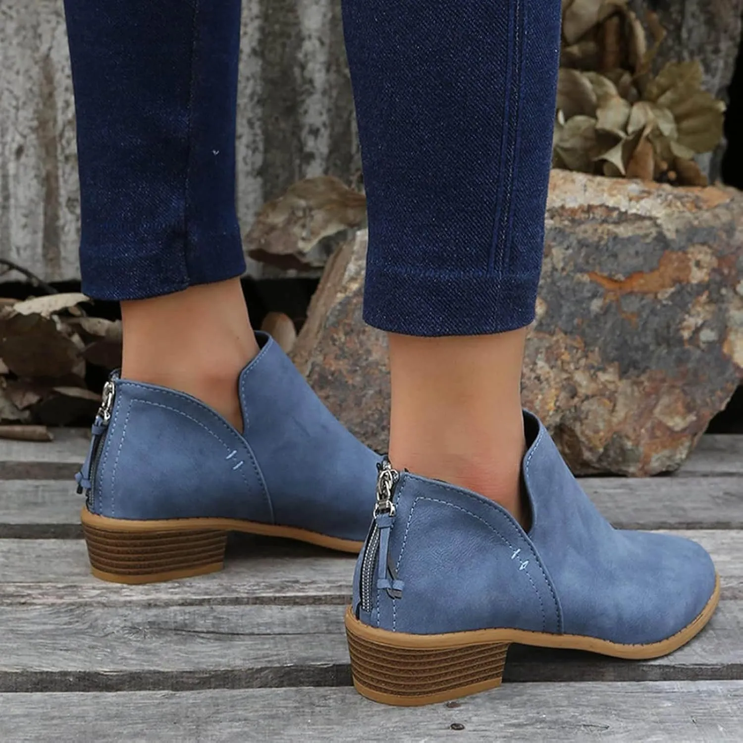 Ankle Boots for Women V Cutout Boots Pointed Toe Chunky Stacked Heel Booties Zip Up Western Boots Shoes Low Heel Short Western Boots