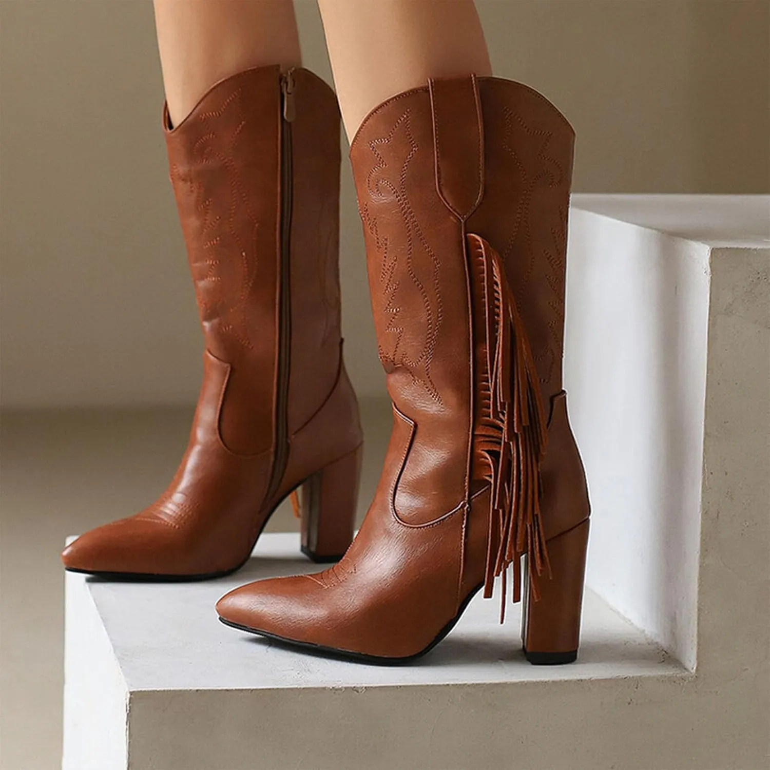 Ankle Boots, Women's Mid Calf Boots Pointed Side Zipper Thick Heel Tassel High Heel Boots Patent Leather Loose Personality Fashion Catwalk Boots