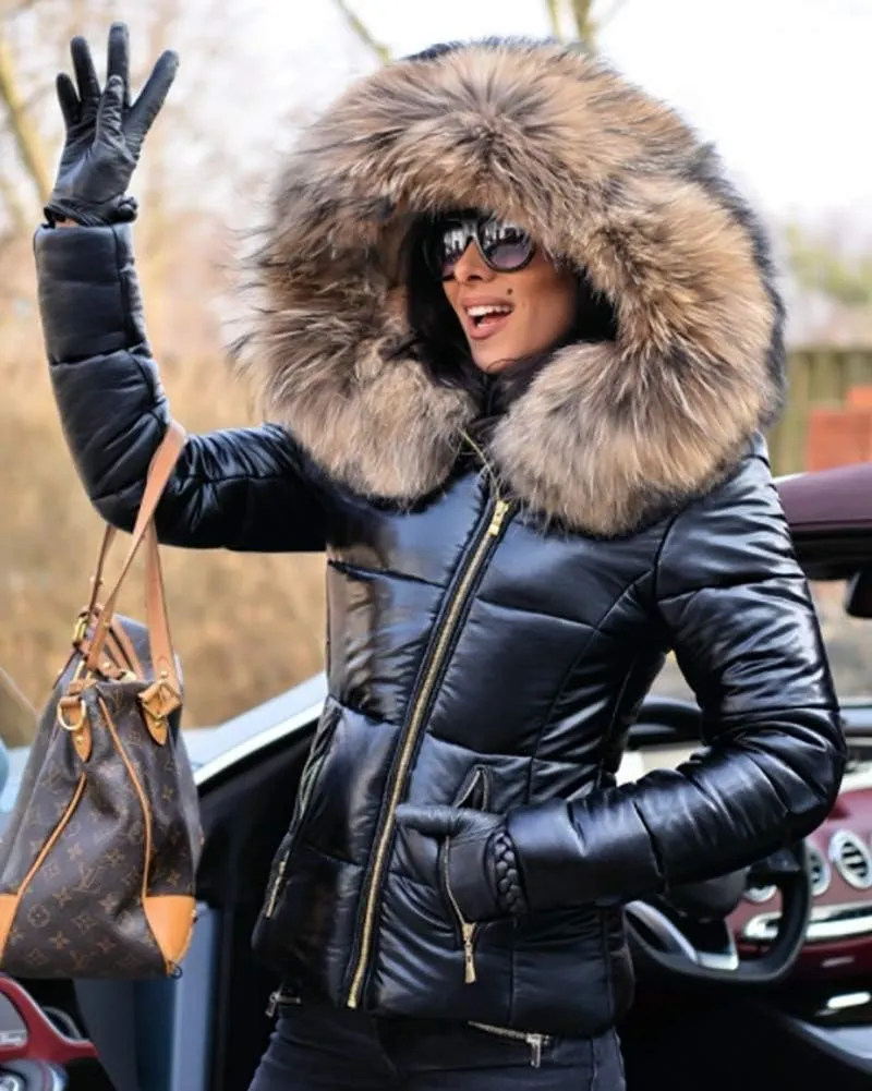 Aofur Womens Ladies Quilted Winter Coat Fur Collar Hooded Down Jacket Parka Outerwear