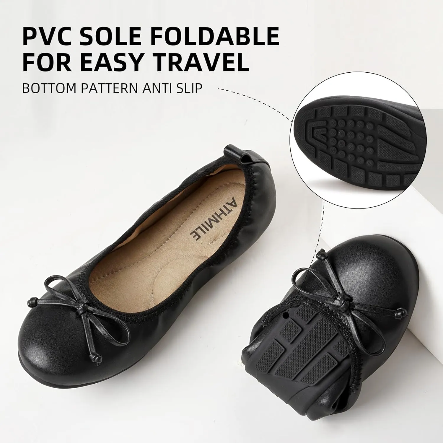 ATHMILE Ballet Flats Shoes for Women Foldable Women's Flats Comfortable Dressy Bow Round Toe Ballerina Flats for Casual Work Office Wedding