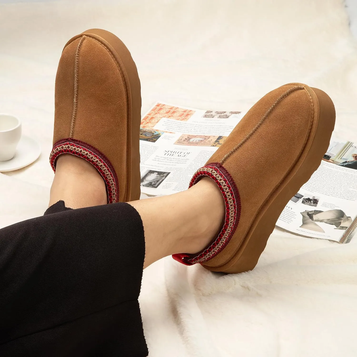 ATHMILE Womens Slippers Platform Mini Boots Slippers for Women Short Ankle Boots Tasman Slippers Suede Upper Fur Fleece Lined for Outdoor