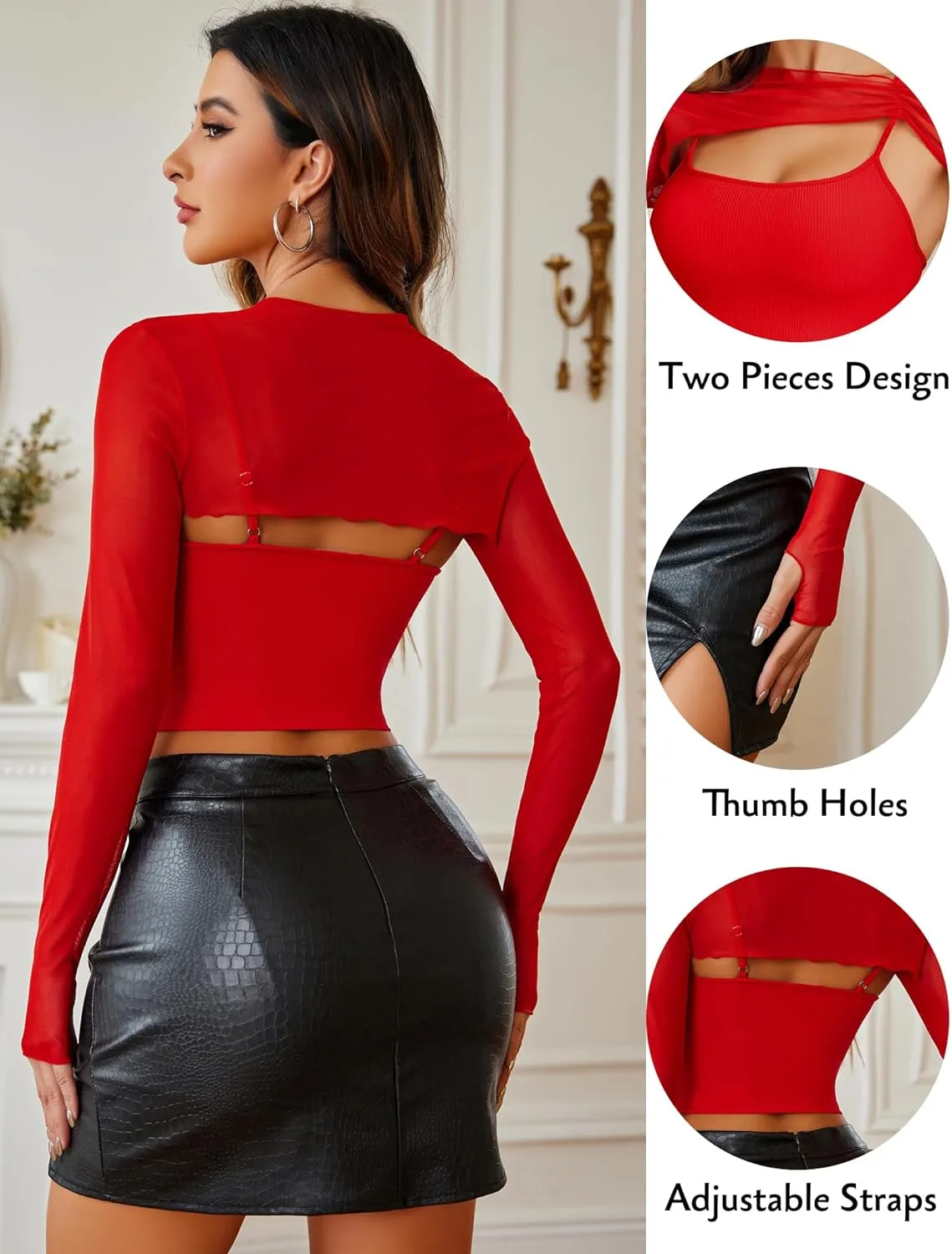 Avidlove Women Sexy Long Sleeve Mesh Crop Top Solid Cover Up with Spaghetti Strap Cami Top 2 Pieces Clubwear with Thumb Holes