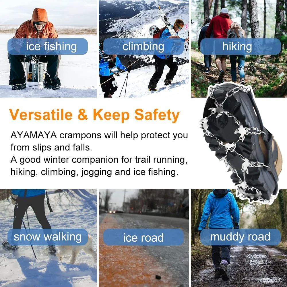 AYAMAYA Upgraded 24 Spikes Crampons Ice Cleats for Shoes and Boots - Antislip Stainless Steel Snow Traction Ice Gripper for Shoes Men Women, Snow Chains for Hiking Winter Walking Climbing - M/L/XL