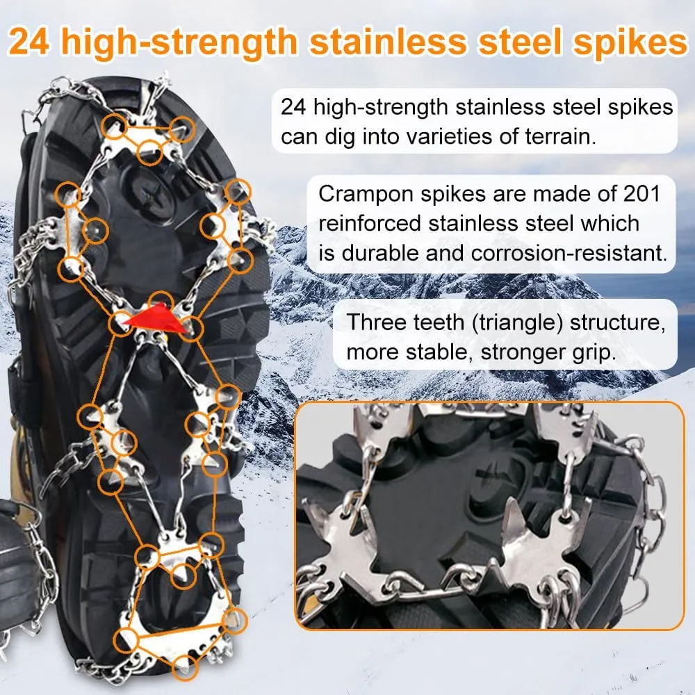 AYAMAYA Upgraded 24 Spikes Crampons Ice Cleats for Shoes and Boots - Antislip Stainless Steel Snow Traction Ice Gripper for Shoes Men Women, Snow Chains for Hiking Winter Walking Climbing - M/L/XL