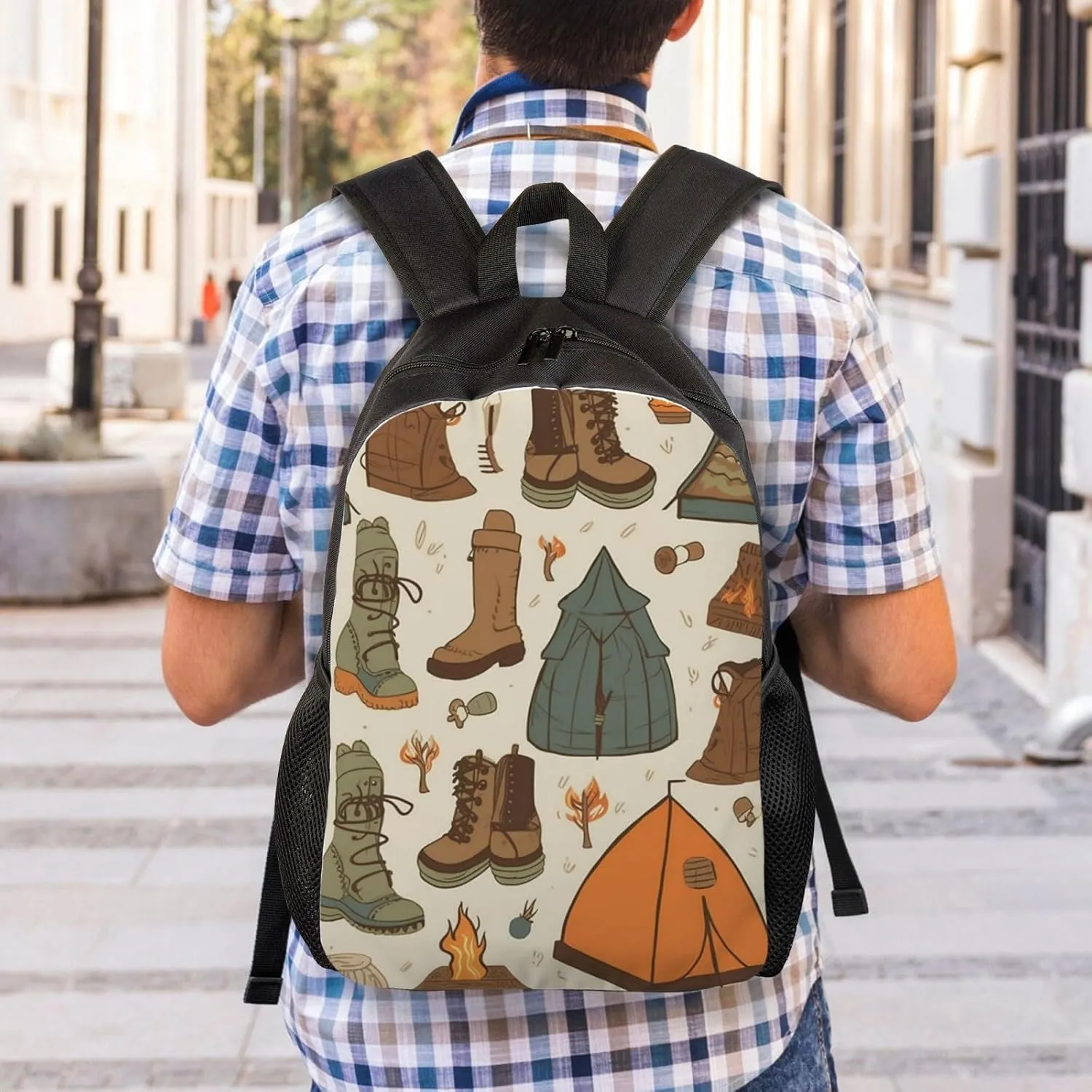 Backpack Travel Laptop Backpack For Men Women Lightweight Rucksack Sleeping Bag Boots Campfire Pattern Casual Daypack