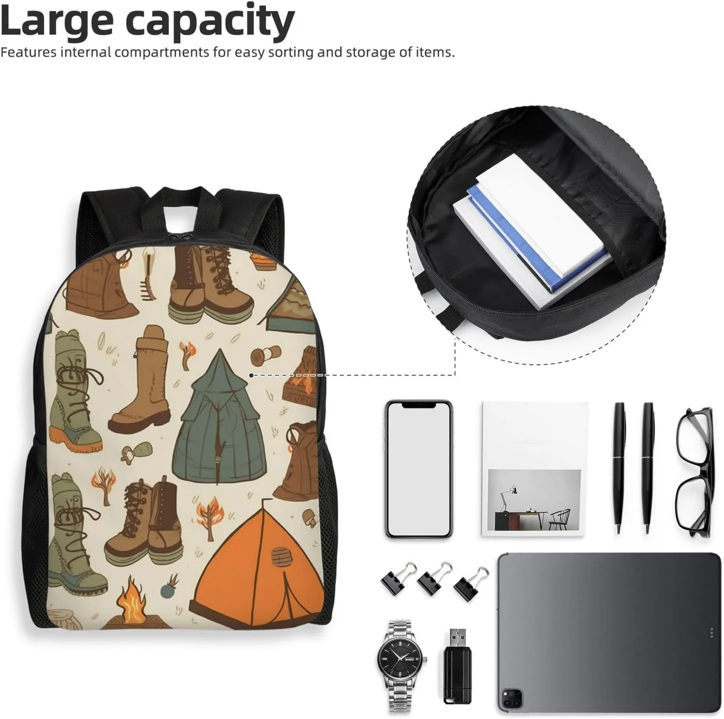Backpack Travel Laptop Backpack For Men Women Lightweight Rucksack Sleeping Bag Boots Campfire Pattern Casual Daypack