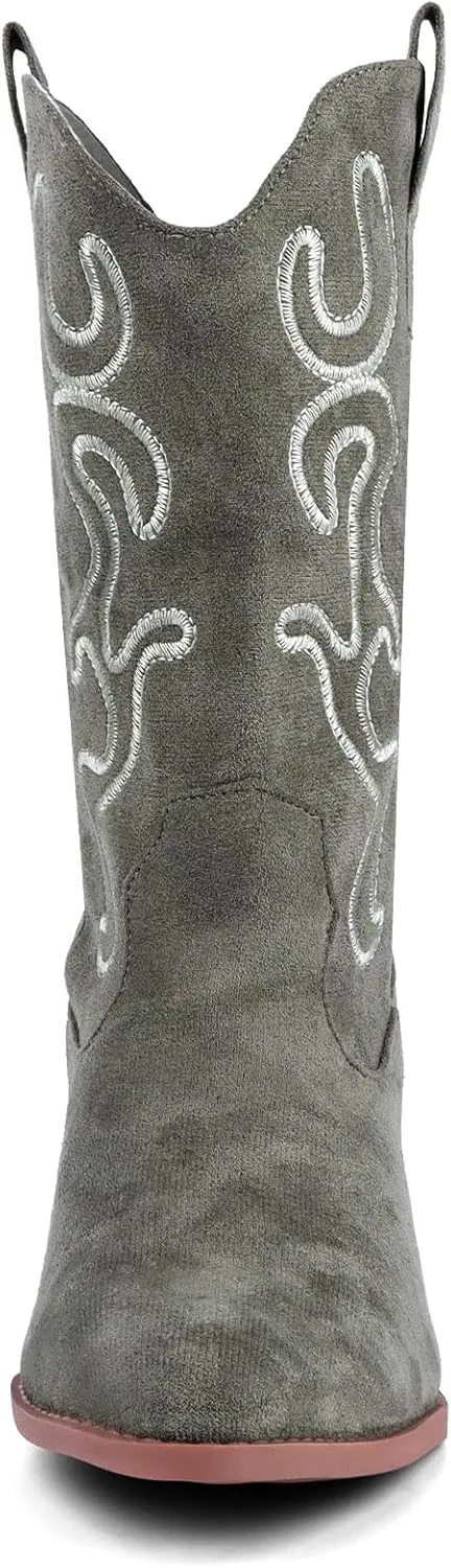 Bandkos Cowboy Boots for Women Cowgirl Mid Calf Western Embroidered Boot Low Chunky Block Heel Fashion Boots