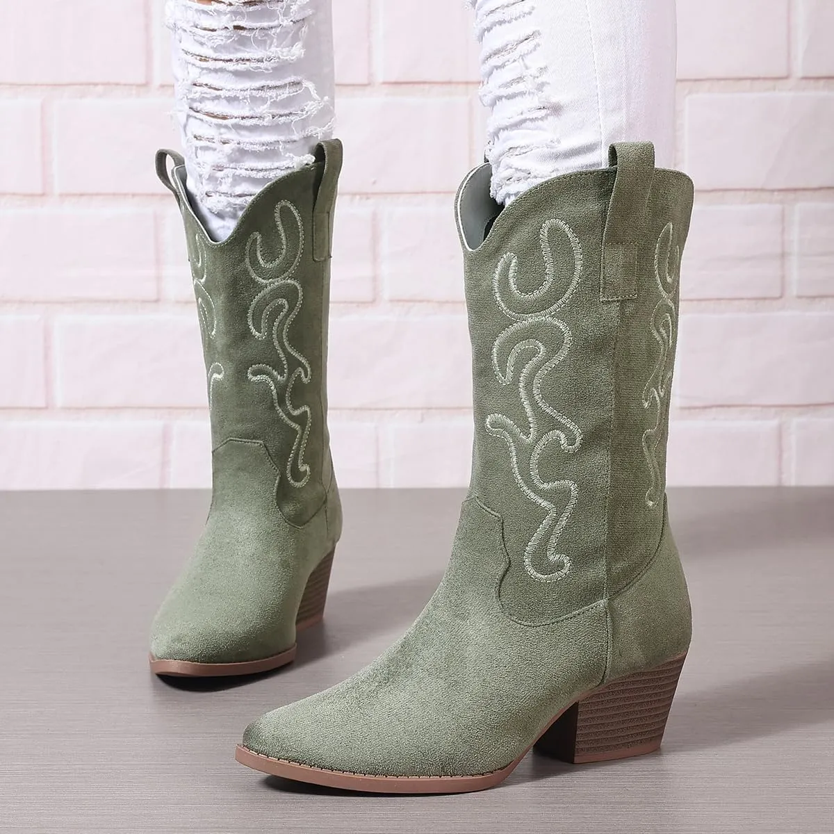 Bandkos Cowboy Boots for Women Cowgirl Mid Calf Western Embroidered Boot Low Chunky Block Heel Fashion Boots
