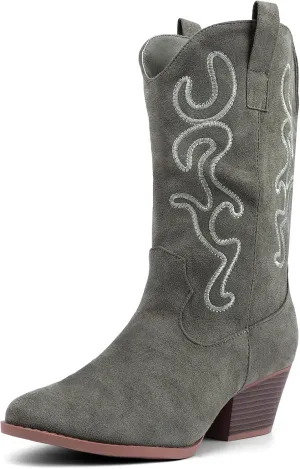Bandkos Cowboy Boots for Women Cowgirl Mid Calf Western Embroidered Boot Low Chunky Block Heel Fashion Boots