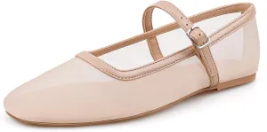 BCTEX COLL Nude Mesh Ballet Flats Mary-Jane Ballerina Flats Square Toe Dressy Casual Shoes with Buckle Strap, Size 10