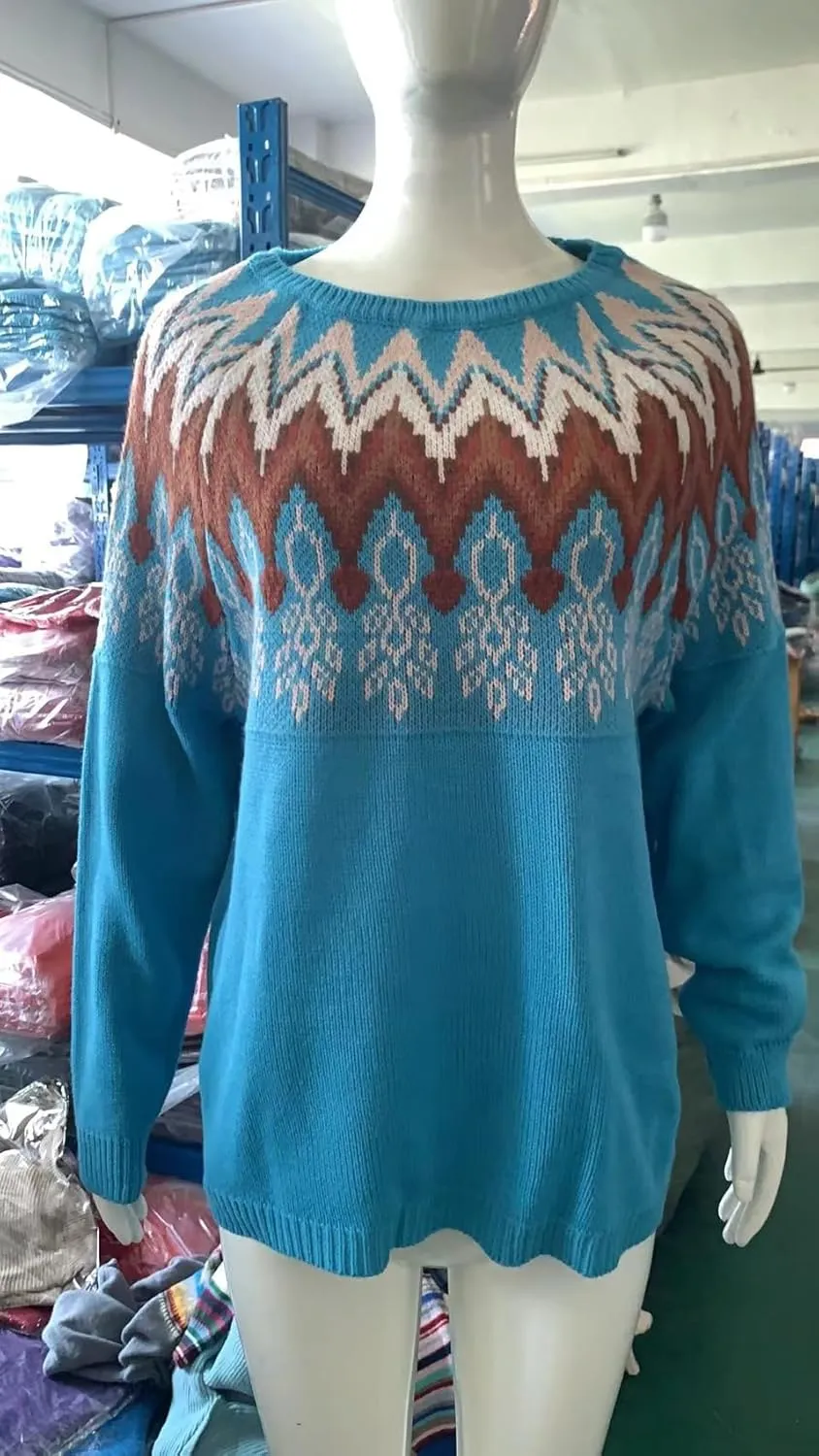 Bengbobar Fair Isle Sweater Womens Pullover Argyle Vintage Winter Fall Casual Boho Knit Tops Crewneck Long Sleeve Blouse