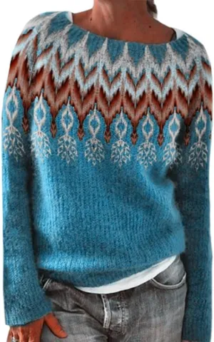 Bengbobar Fair Isle Sweater Womens Pullover Argyle Vintage Winter Fall Casual Boho Knit Tops Crewneck Long Sleeve Blouse