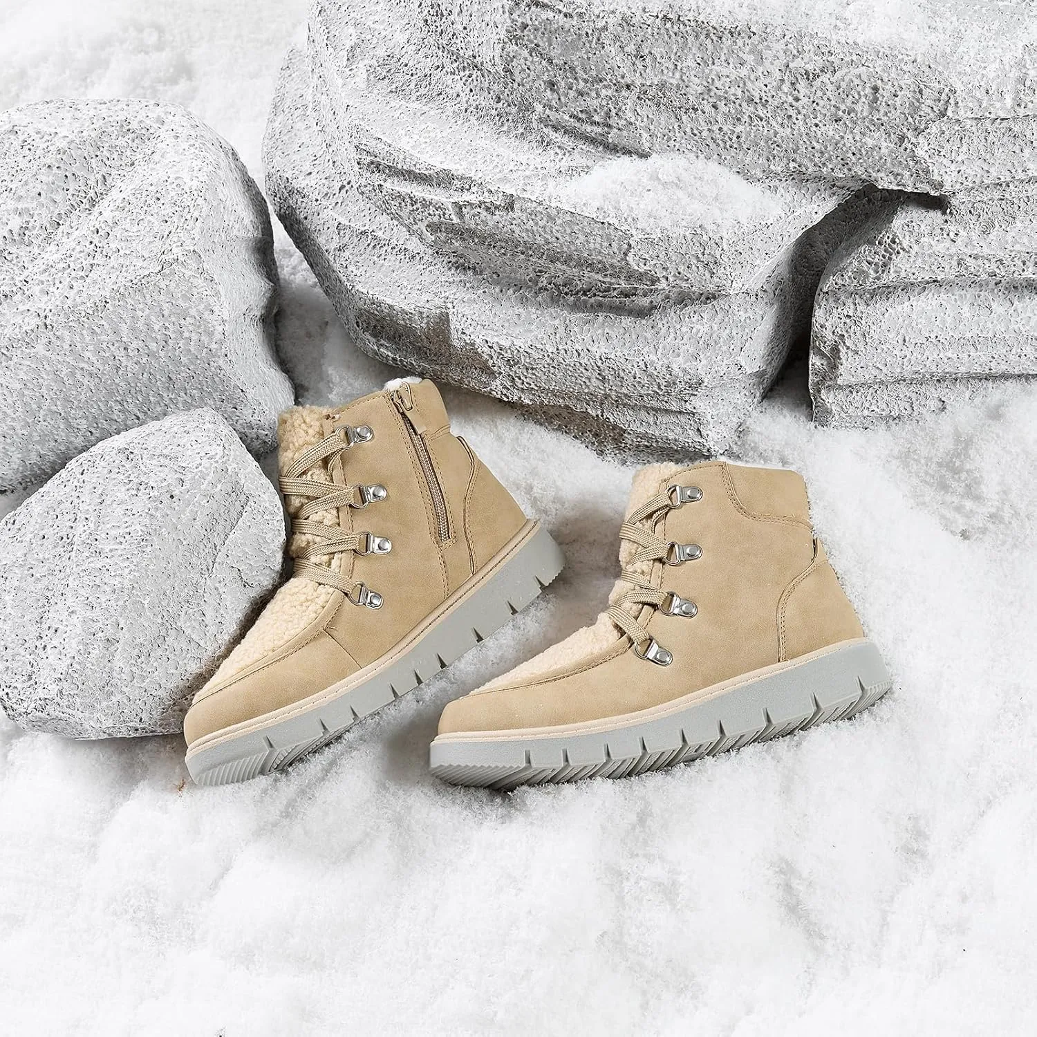 BENPAO Women's Mini Short Boots Fuzzy Snow Boots for Women PU Leather Winter Boots Waterproof Ankle booties Warm Fur Boots with Zipper